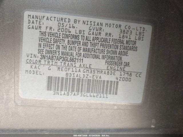 3N1AB7AP3GL662111 Nissan Sentra Fe+ S/s/sl/sr/sv