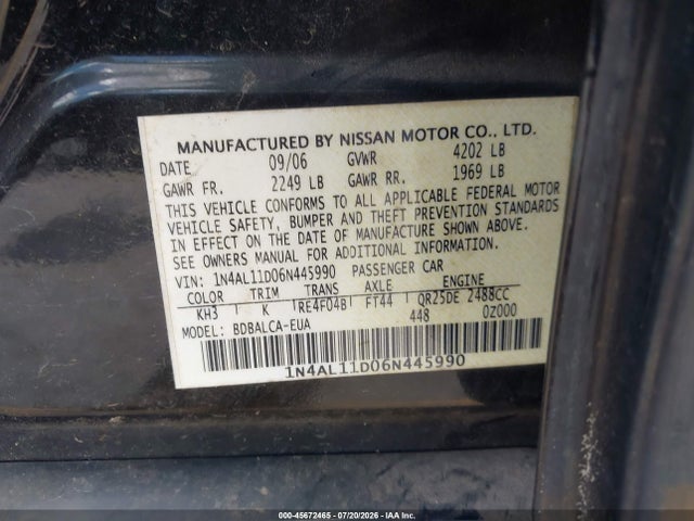 Aukcja sprzedaży 2006 Nissan Altima 2.5 S, vin: 1N4AL11D06N445990, numer aukcji: 45672465