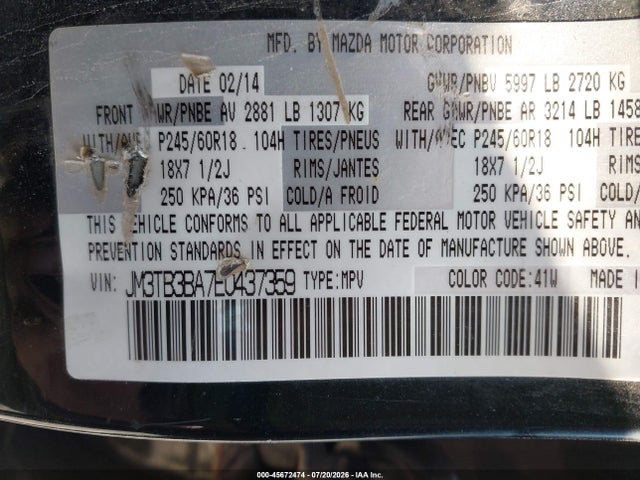 45672474 :رقم المزاد ، JM3TB3BA7E0437359 vin ، 2014 Mazda Cx-9 Sport مزاد بيع