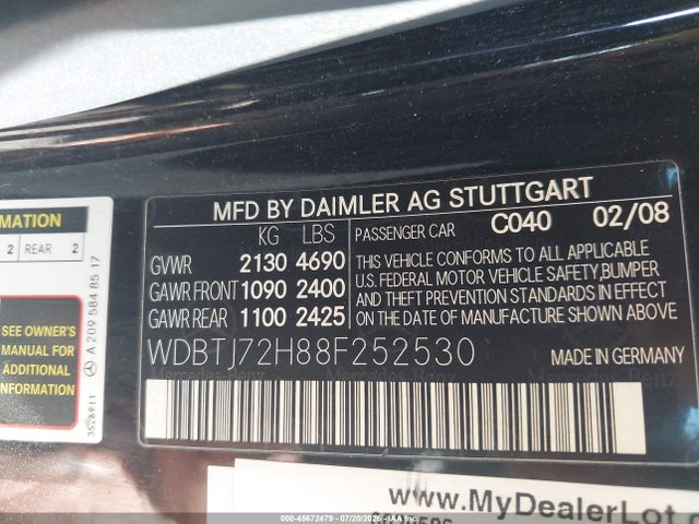45672479 :رقم المزاد ، WDBTJ72H88F252530 vin ، 2008 Mercedes-benz Clk 550 مزاد بيع