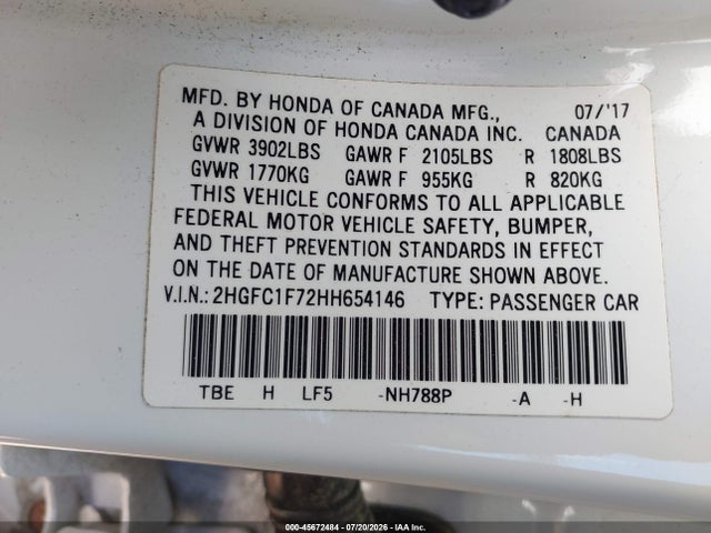 2017 Honda Civic Ex-l მანქანა იყიდება აუქციონზე, vin: 2HGFC1F72HH654146, აუქციონის ნომერი: 45672484