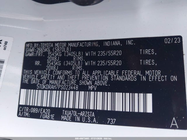 45672493 :رقم المزاد ، 5TDKDRAH7PS023448 vin ، 2023 Toyota Highlander Xse مزاد بيع