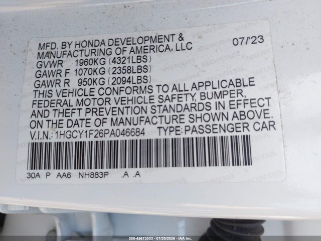 Продажа на аукционе авто 2023 Honda Accord Lx, vin: 1HGCY1F26PA046684, номер лота: 45672503
