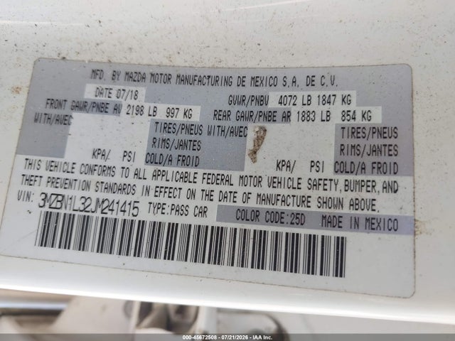 Продаж на аукціоні авто 2018 Mazda Mazda3 Touring, vin: 3MZBN1L32JM241415, номер лоту: 45672508