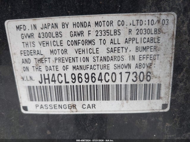 Продажа на аукционе авто 2004 Acura Tsx, vin: JH4CL96964C017306, номер лота: 45672524