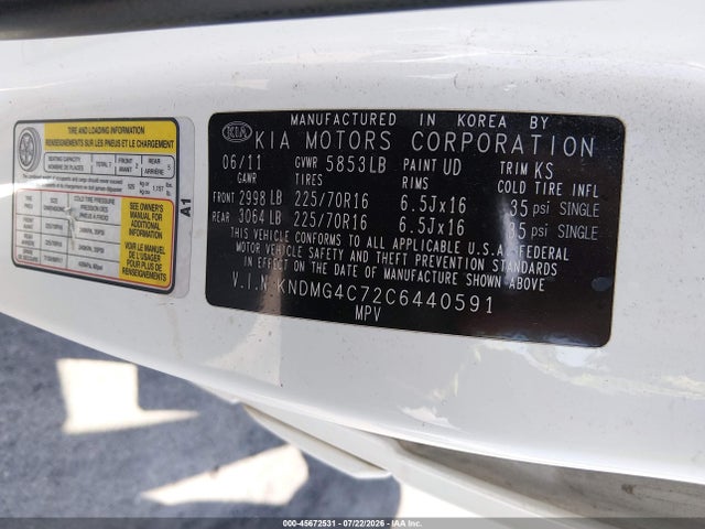 Aukcja sprzedaży 2012 Kia Sedona Lx, vin: KNDMG4C72C6440591, numer aukcji: 45672531