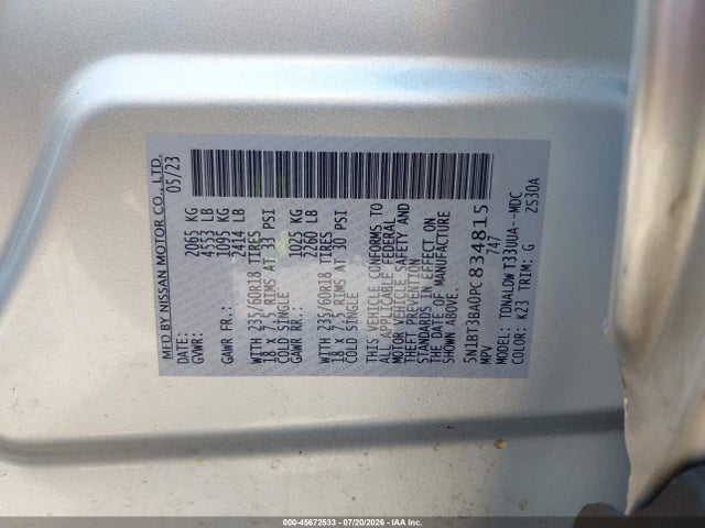 2023 Nissan Rogue Sv Fwd მანქანა იყიდება აუქციონზე, vin: 5N1BT3BA0PC834815, აუქციონის ნომერი: 45672533