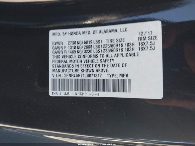 Honda Odyssey Ex-l 2018 5FNRL6H71JB071312 Image 9
