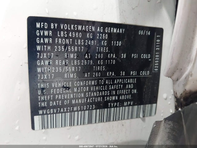 2015 Volkswagen Tiguan Se მანქანა იყიდება აუქციონზე, vin: WVGBV7AX2FW510723, აუქციონის ნომერი: 45672547
