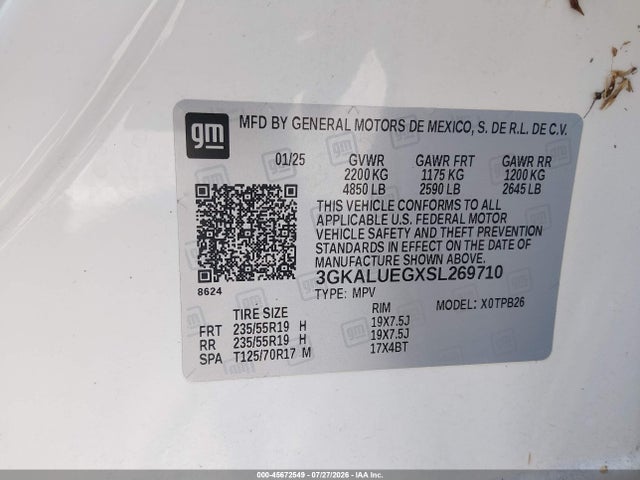 Aukcja sprzedaży 2025 Gmc Terrain Awd Elevation, vin: 3GKALUEGXSL269710, numer aukcji: 45672549