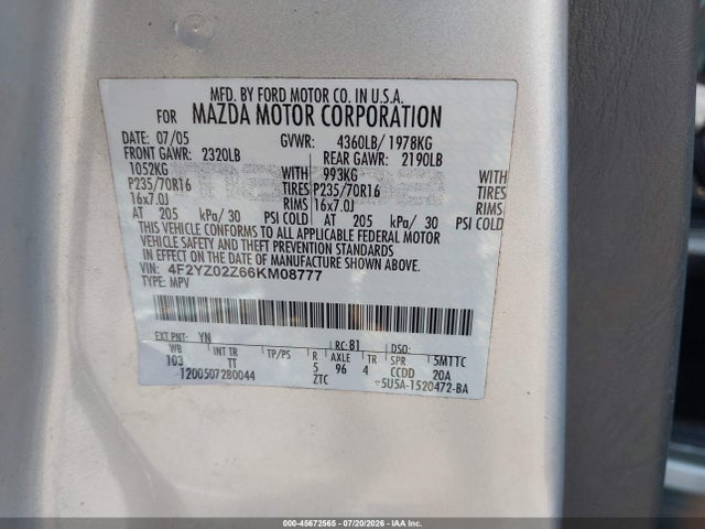 Продажа на аукционе авто 2006 Mazda Tribute I, vin: 4F2YZ02Z66KM08777, номер лота: 45672565