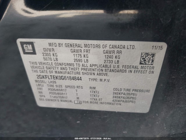 Продаж на аукціоні авто 2016 Gmc Terrain Sle-2, vin: 2GKFLTEK0G6184844, номер лоту: 45672579