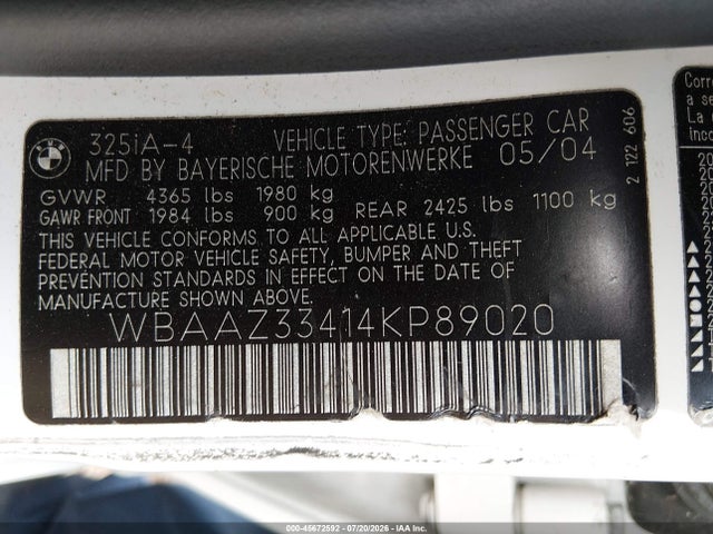 Продаж на аукціоні авто 2004 Bmw 325i, vin: WBAAZ33414KP89020, номер лоту: 45672592