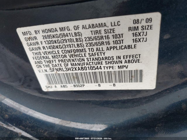 Продаж на аукціоні авто 2010 Honda Odyssey Lx, vin: 5FNRL3H2XAB010544, номер лоту: 45672605