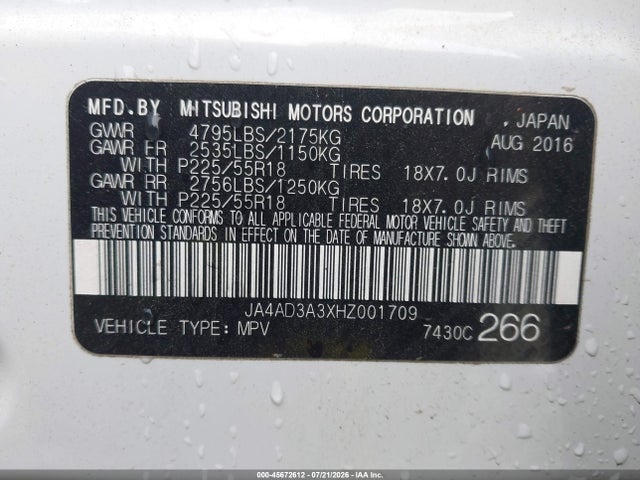 2017 Mitsubishi Outlander Se/sel მანქანა იყიდება აუქციონზე, vin: JA4AD3A3XHZ001709, აუქციონის ნომერი: 45672612