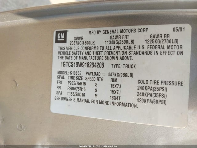 45672616 :رقم المزاد ، 1GTCS19W918234208 vin ، 2001 Gmc Sonoma Sls مزاد بيع