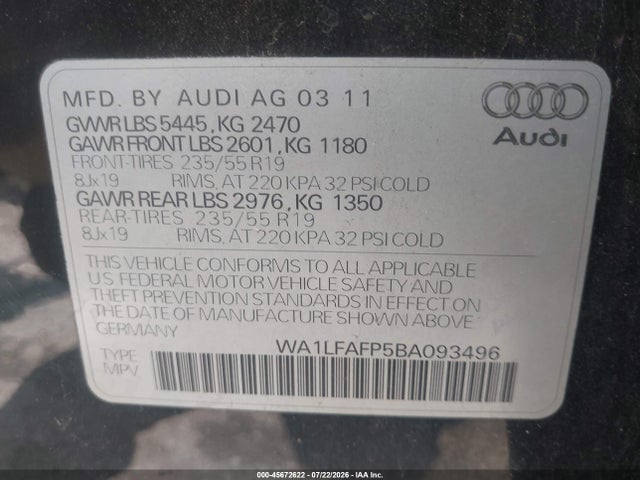 Aukcja sprzedaży 2011 Audi Q5 2.0t Premium, vin: WA1LFAFP5BA093496, numer aukcji: 45672622