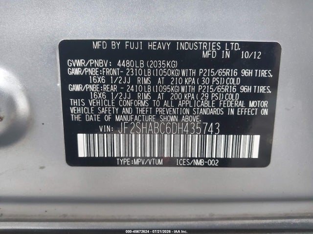 2013 Subaru Forester 2.5x მანქანა იყიდება აუქციონზე, vin: JF2SHABC6DH435743, აუქციონის ნომერი: 45672624