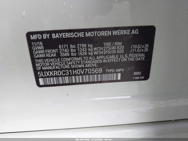 45672635 :رقم المزاد ، 5UXKR0C31H0V70569 vin ، 2017 Bmw X5 Xdrive35i مزاد بيع