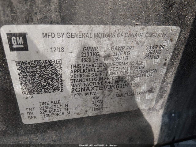 45672652 :رقم المزاد ، 2GNAXTEV3K6197138 vin ، 2019 Chevrolet Equinox Lt مزاد بيع