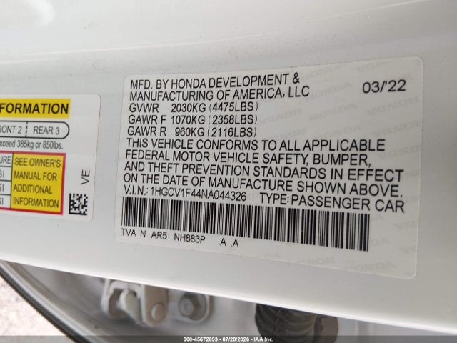 1HGCV1F44NA044326 Honda Accord Sport Special Edition