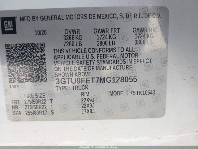 45672701 :رقم المزاد ، 3GTU9FET7MG128055 vin ، 2021 Gmc Sierra 1500 4wd  Short Box Denali مزاد بيع