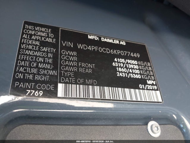 2019 Mercedes-benz Sprinter 2500 Standard Roof V6 მანქანა იყიდება აუქციონზე, vin: WD4PF0CD6KP077449, აუქციონის ნომერი: 45672712