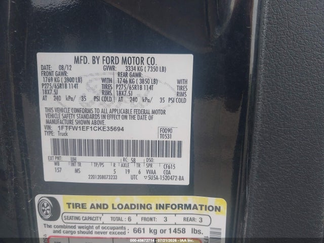 Продаж на аукціоні авто 2012 Ford F-150 Xlt, vin: 1FTFW1EF1CKE35694, номер лоту: 45672714