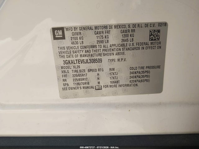 45672727 :رقم المزاد ، 3GKALTEV6JL308509 vin ، 2018 Gmc Terrain Sle مزاد بيع