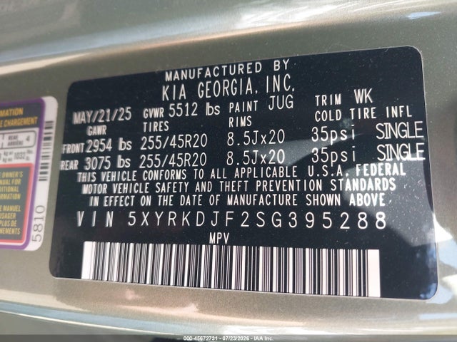 Aukcja sprzedaży 2025 Kia Sorento X-line Sx, vin: 5XYRKDJF2SG395288, numer aukcji: 45672731