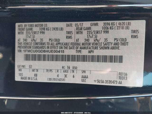 Ford ESCAPE SE 2017 1FMCU0GD8HUE00415 Image 9