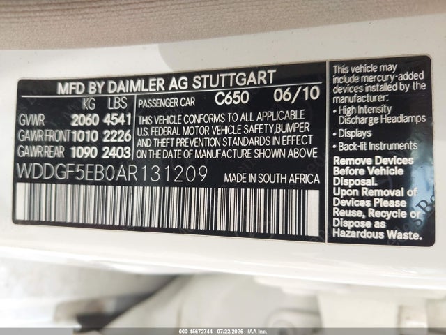 Продаж на аукціоні авто 2010 Mercedes-benz C 300 Luxury, vin: WDDGF5EB0AR131209, номер лоту: 45672744