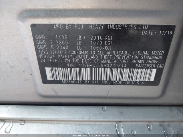 2011 Subaru Legacy 2.5i Limited მანქანა იყიდება აუქციონზე, vin: 4S3BMCL69B3230314, აუქციონის ნომერი: 45672772