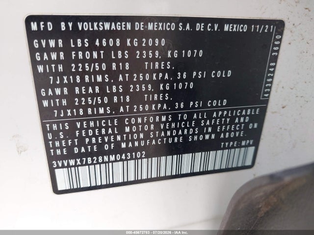 Продаж на аукціоні авто 2022 Volkswagen Taos 1.5t Se, vin: 3VVWX7B28NM043102, номер лоту: 45672783