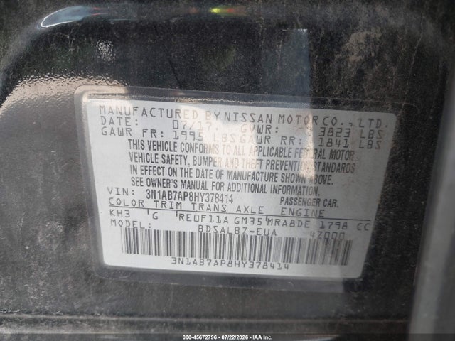 Aukcja sprzedaży 2017 Nissan Sentra S, vin: 3N1AB7AP8HY378414, numer aukcji: 45672796