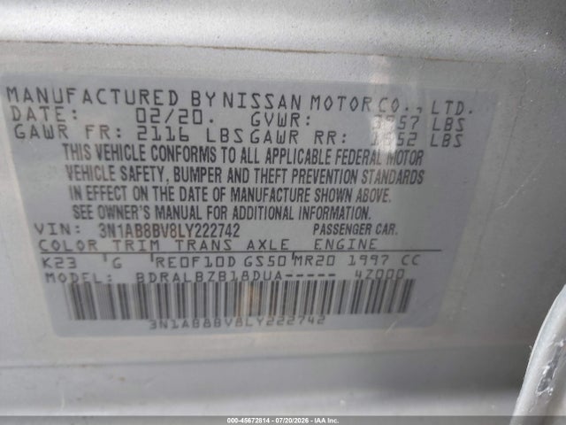 3N1AB8BV8LY222742 Nissan Sentra S Xtronic Cvt