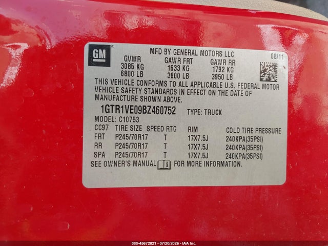 Продаж на аукціоні авто 2011 Gmc Sierra 1500 Sle, vin: 1GTR1VE09BZ460752, номер лоту: 45672821
