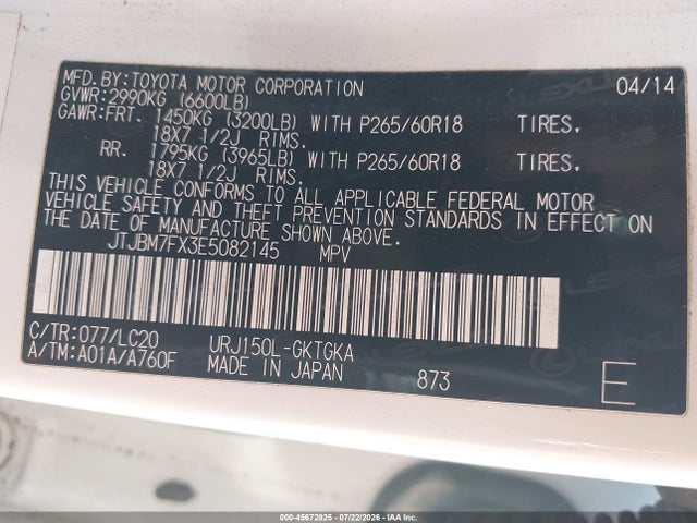 Aukcja sprzedaży 2014 Lexus Gx 460, vin: JTJBM7FX3E5082145, numer aukcji: 45672825
