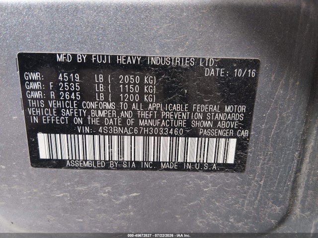2017 Subaru Legacy 2.5i Premium მანქანა იყიდება აუქციონზე, vin: 4S3BNAC67H3033460, აუქციონის ნომერი: 45672827