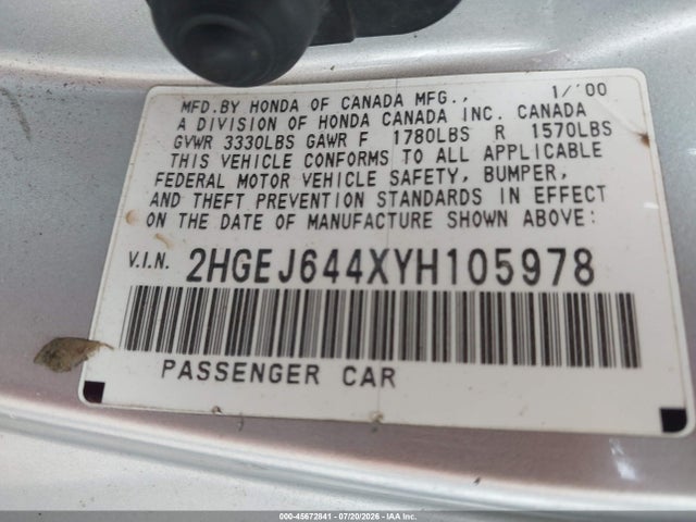 Продажа на аукционе авто 2000 Honda Civic Dx, vin: 2HGEJ644XYH105978, номер лота: 45672841