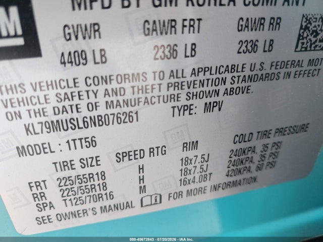 45672843 :رقم المزاد ، KL79MUSL6NB076261 vin ، 2022 Chevrolet Trailblazer Awd Rs مزاد بيع
