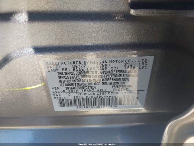 3N1AB8BV0NY277804 Nissan Sentra S Xtronic Cvt