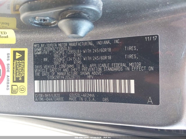 2018 Toyota Highlander Xle მანქანა იყიდება აუქციონზე, vin: 5TDKZRFH4JS529711, აუქციონის ნომერი: 45672850