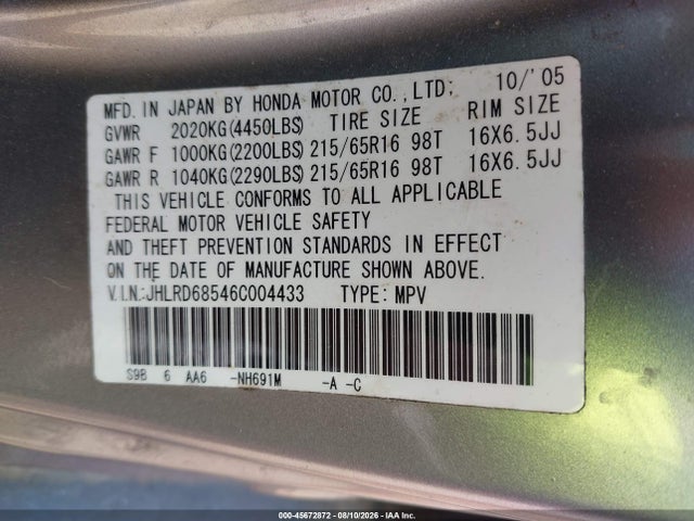 2006 Honda Cr-v Lx მანქანა იყიდება აუქციონზე, vin: JHLRD68546C004433, აუქციონის ნომერი: 45672872