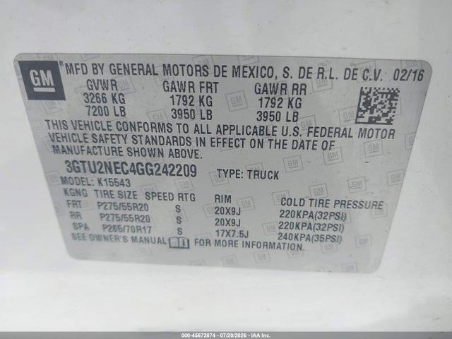 Продаж на аукціоні авто 2016 Gmc Sierra 1500 Slt, vin: 3GTU2NEC4GG242209, номер лоту: 45672874