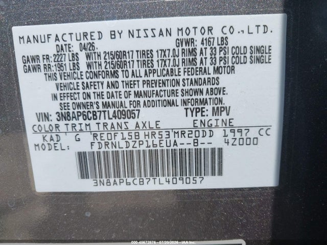 Aukcja sprzedaży 2026 Nissan Kicks Sv, vin: 3N8AP6CB7TL409057, numer aukcji: 45672876