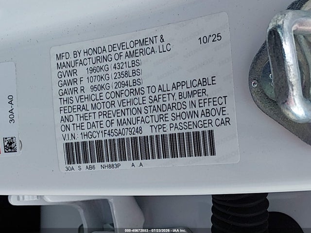 45672883 :رقم المزاد ، 1HGCY1F45SA079248 vin ، 2025 Honda Accord Se مزاد بيع