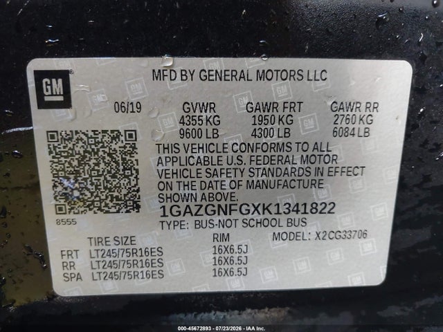 2019 Chevrolet Express 3500 Ls მანქანა იყიდება აუქციონზე, vin: 1GAZGNFGXK1341822, აუქციონის ნომერი: 45672893