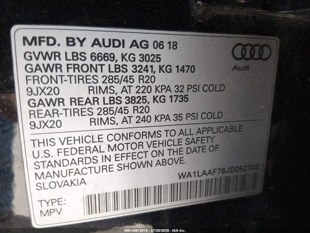 45672910 :رقم المزاد ، WA1LAAF76JD052323 vin ، 2018 Audi Q7 3.0t Premium مزاد بيع