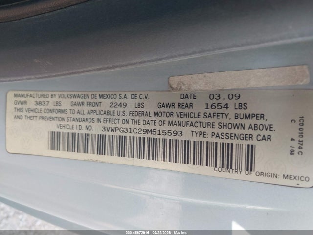 2009 Volkswagen New Beetle 2.5l მანქანა იყიდება აუქციონზე, vin: 3VWPG31C29M515593, აუქციონის ნომერი: 45672916